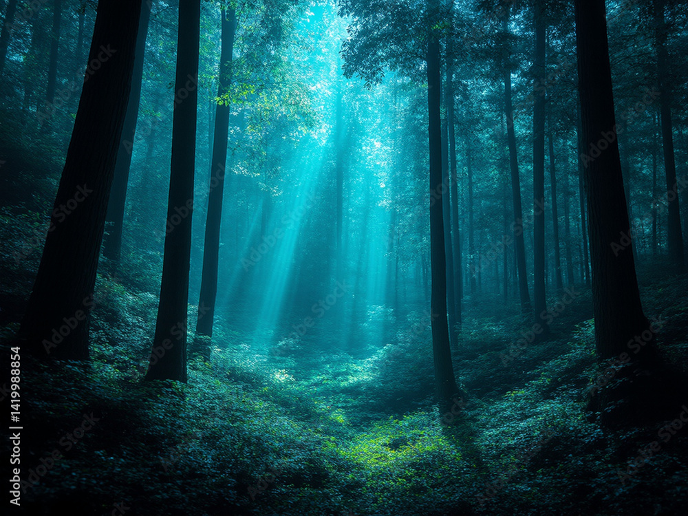 Fototapeta premium Enchanted Bioluminescent Forest at Twilight.