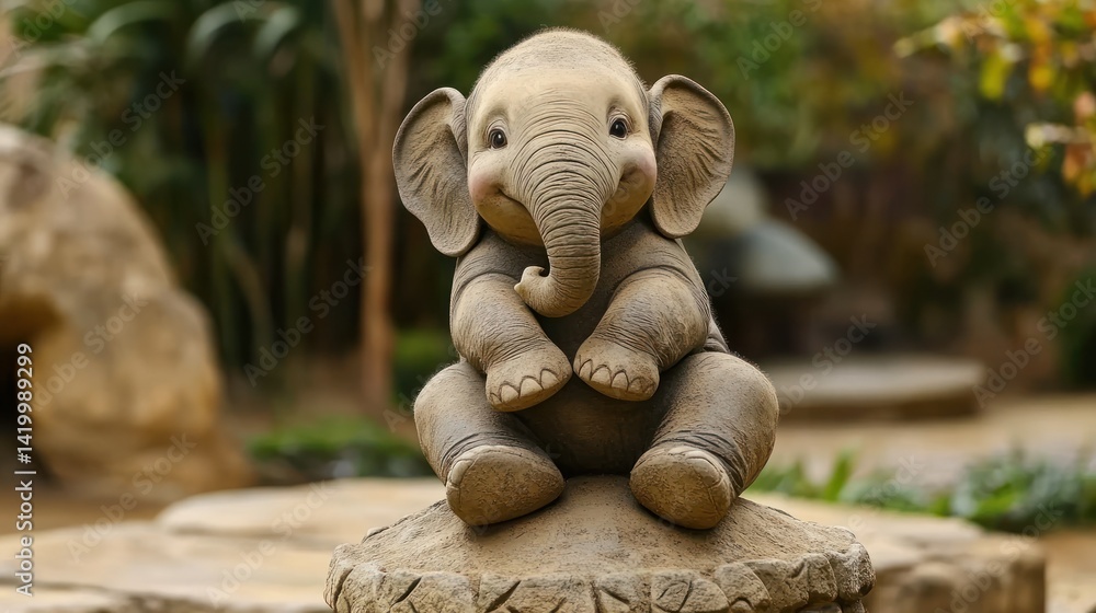 Obraz premium Cute elephant statue garden decor, serene background