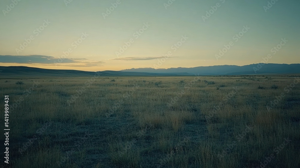 A vast open grassy field with mountains under a sunrise sky A vast open grassy field with mountains under a sunrise sky