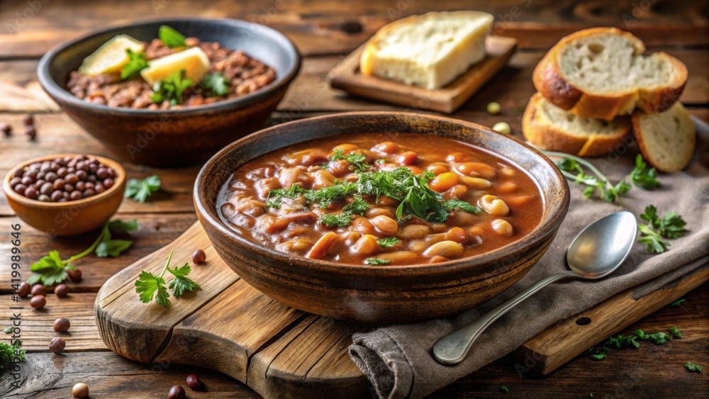 Hearty Bean and Vegetable Stew Served in Rustic Bowl with Crusty Bread Hearty Bean and Vegetable Stew Served in Rustic Bowl with Crusty Bread