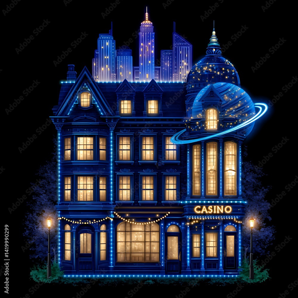 Architectural Marvel Casino Facade at Night with Planetary Decor and Cityscape Backdrop.