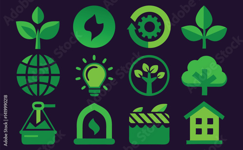 Ecology Flat Icons Set – Nature, Environment & Recycle Symbols – Vector Illustration