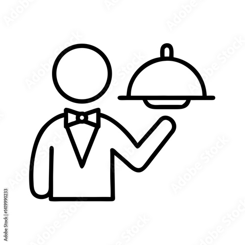 Outline icon of waiter holding food tray with cloche, simple black line hospitality service symbol, restaurant staff vector on white background