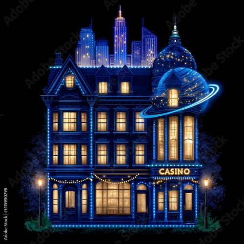 Obraz na płótnie Architectural Marvel Casino Facade at Night with Planetary Decor and Cityscape Backdrop. w salonie