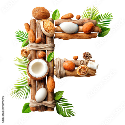 Creative 3D alphabet art featuring letter art i solated on tranparen back ground Natural ingredients arranged as letter F.