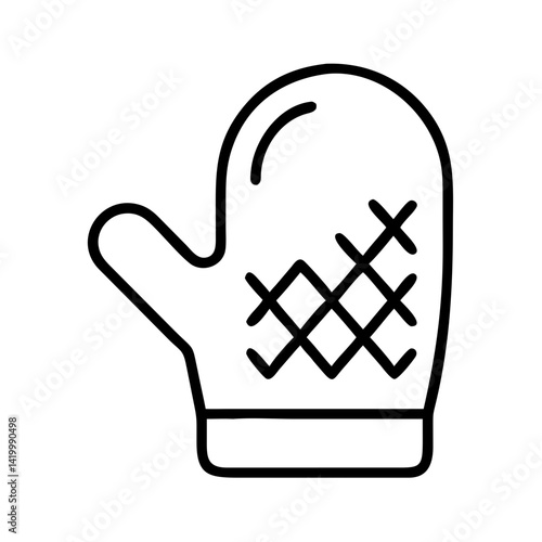 Minimalist outline icon of quilted oven mitt with stitched pattern, black line kitchen glove illustration, simple vector drawing on white background