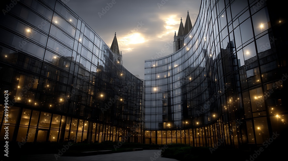 Architectural Symphony Glass Structures with Gothic Reflection Against Twilight Backdrop View.