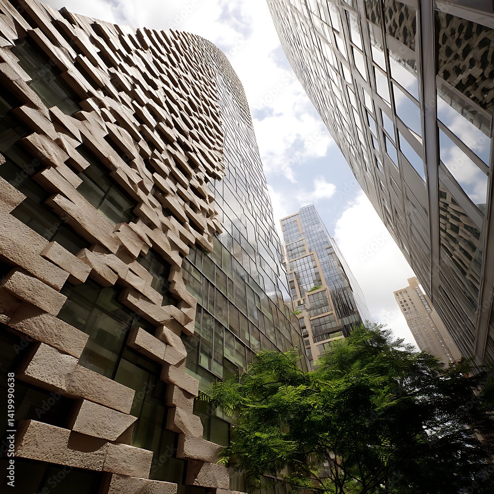 Architectural Vista of Modern Buildings with Textured Fa?ade and Glass Surfaces Amidst Urban Landscape