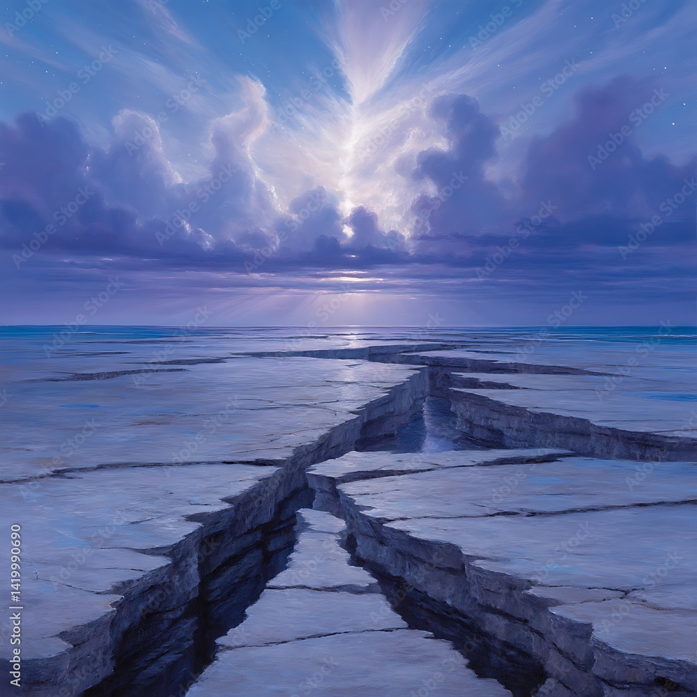Arctic Divide Cloud Illumination Ice Fracture Landscape Serenity Tranquility Winter Panorama Scenery.