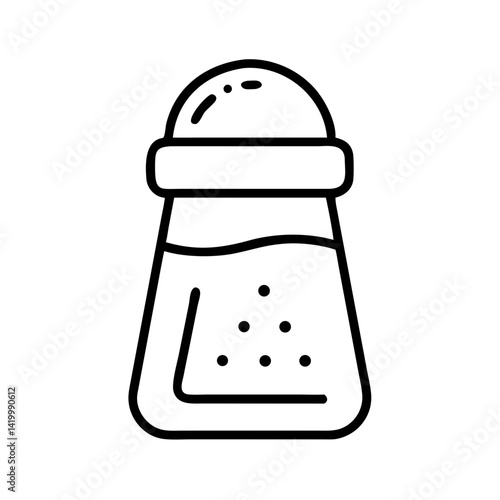 Minimalist outline icon of salt shaker with granules inside, black line kitchen utensil drawing, simple seasoning symbol isolated on white background