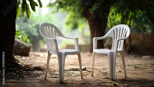 Two plastic chairs are facing each other on a dirt ground, trees in background