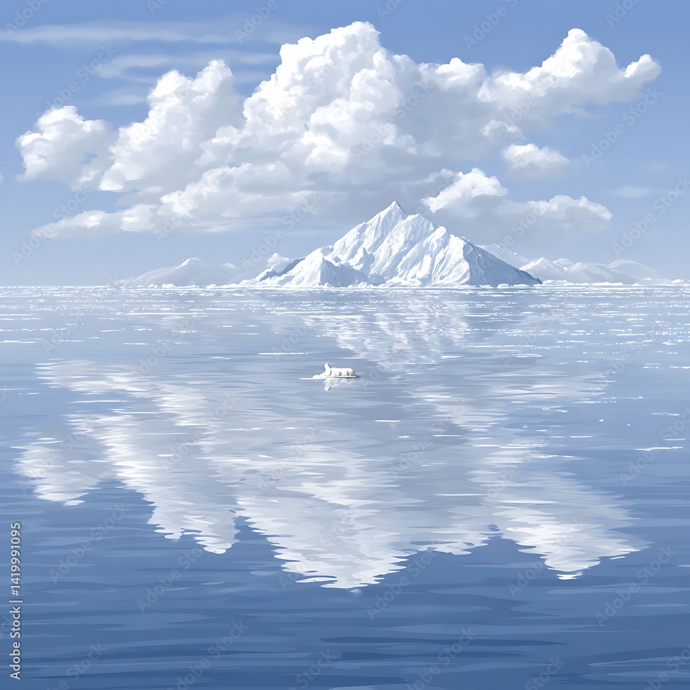 Arctic Waters Tranquil Scene with Iceberg Reflection and Distant Wildlife amidst Cloudy Skies.