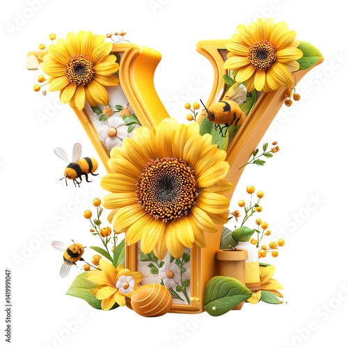 Creative 3D alphabet art featuring letter art i solated on tranparen back ground Vibrant letter Y adorned with sunflowers