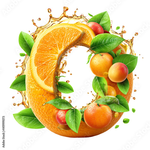 Creative 3D alphabet art featuring letter art i solated on tranparen back ground Vibrant orange fruit splash design.