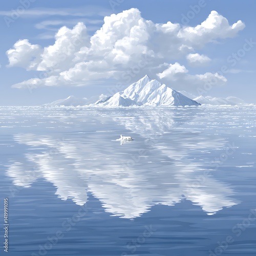 Obraz na płótnie Arctic Waters Tranquil Scene with Iceberg Reflection and Distant Wildlife amidst Cloudy Skies. w salonie