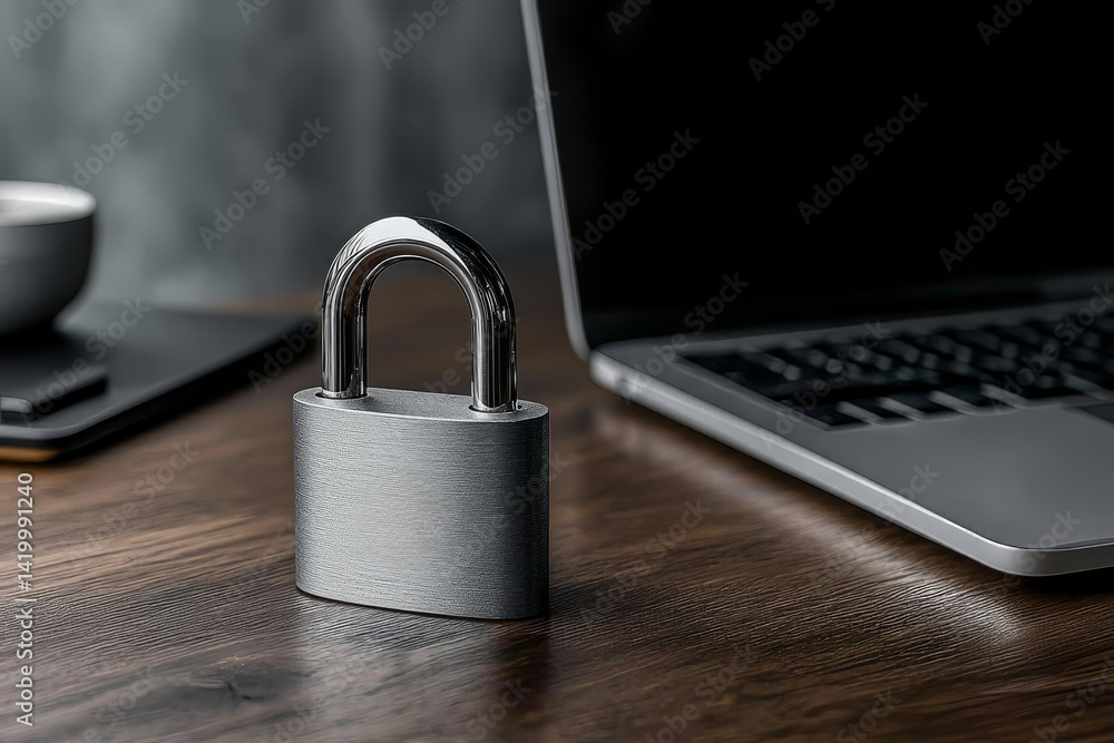 metal lock near laptop on wooden table metal lock near laptop on wooden table