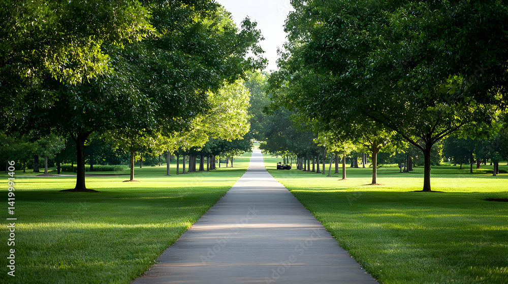 Park Path Lined With Trees On A Sunny Day Park Path Lined With Trees On A Sunny Day