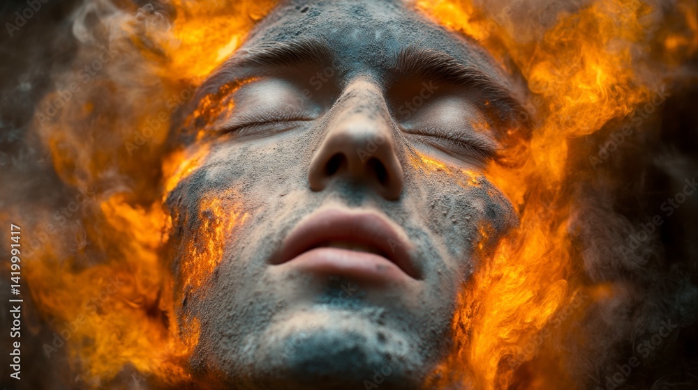 Close up portrait of a man's face engulfed in flames and ash, eyes closed, serene expression. Dark background. Close up portrait of a man's face engulfed in flames and ash, eyes closed, serene expression. Dark background.