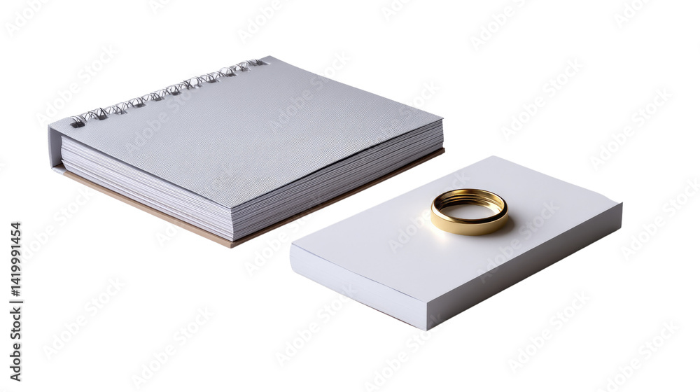Ring and Notebook Still Life: A minimalist composition features a golden ring resting elegantly upon a pristine surface, accompanied by a spiral-bound notepad, inviting contemplation of ideas. Ring and Notebook Still Life: A minimalist composition features a golden ring resting elegantly upon a pristine surface, accompanied by a spiral-bound notepad, inviting contemplation of ideas.