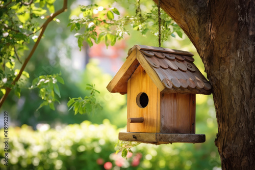 birdhouse on tree in sunny day