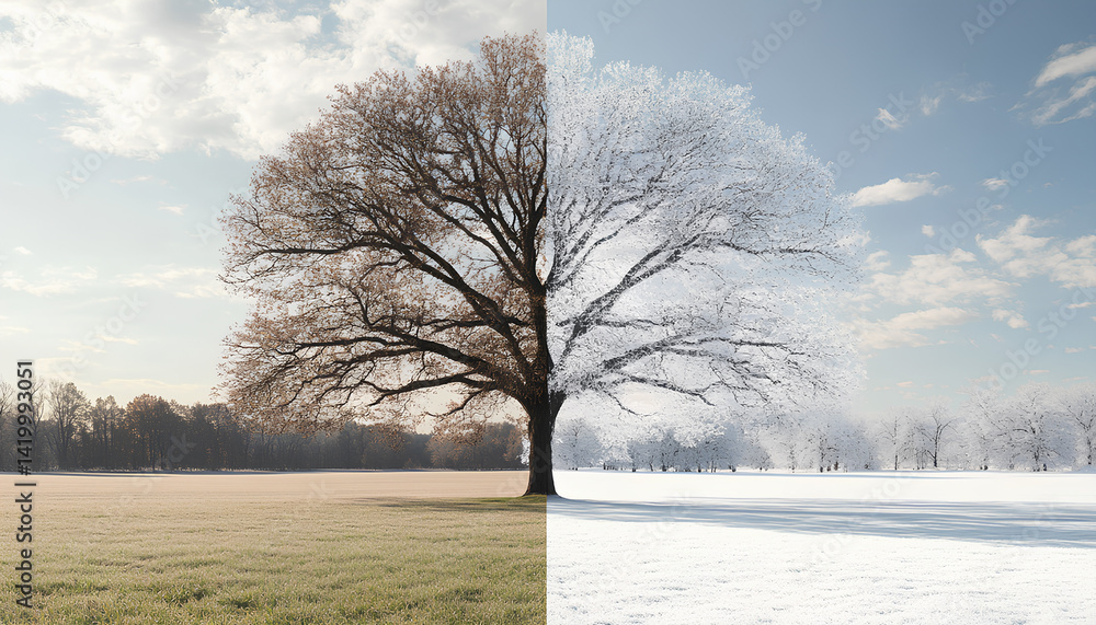Fototapeta premium single tree stands between a snowy field and green grass, symbolizing the transition between winter and spring with a peaceful natural landscape