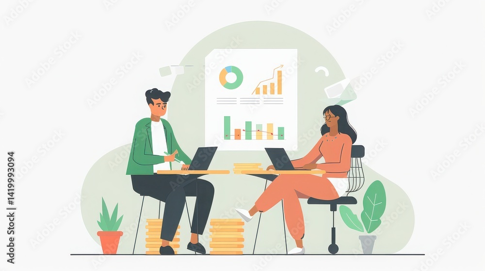 Illustration of two people working on laptops with charts in the background in an office setting Illustration of two people working on laptops with charts in the background in an office setting