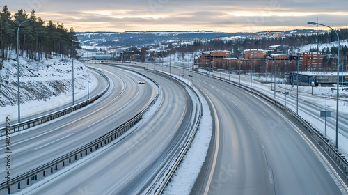 Snowy Highway Through Winter Cityscape at Dawn
