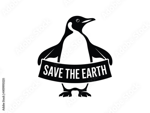 Penguin Save Earth Ocean Eco silhouette vector