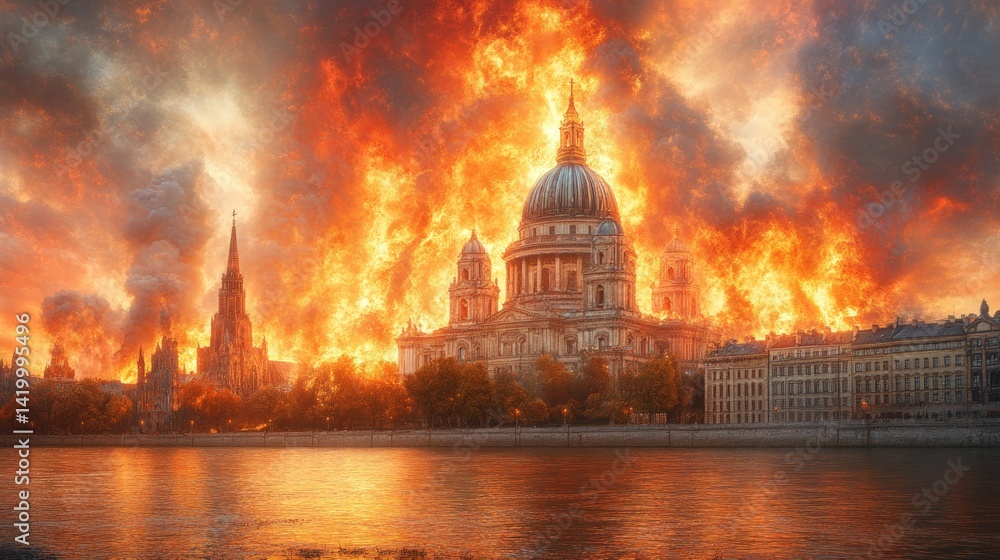 Fototapeta premium Building engulfed in flames with water in foreground and dramatic sky background.