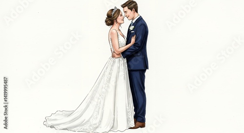 Romantic wedding couple portrait illustration soft colors elegant design