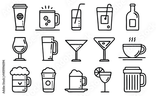 Drink Thin Line Icons Collection – Beverage, Cup, Glass – Editable Stroke Vector