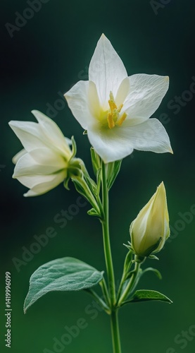Delicate White Flower Buds and Blooms on a Soft Green Background in Natural Light