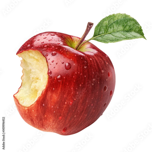 Fresh red apple with a bite taken out against a white background  