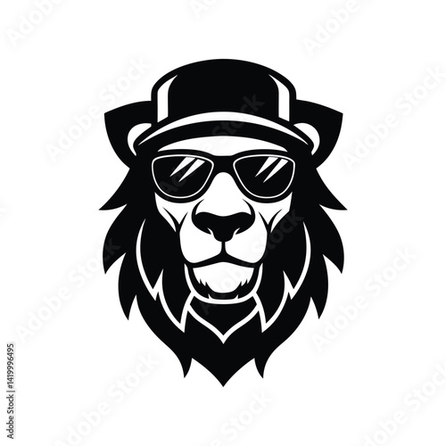 Silhouette art illustration mascot logo of lion head wearing snapback cap and aviator sunglasses.eps