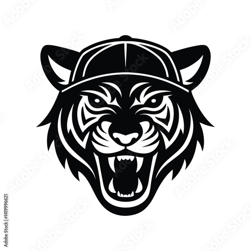 Silhouette art illustration mascot logo of tiger head wearing snapback cap.eps