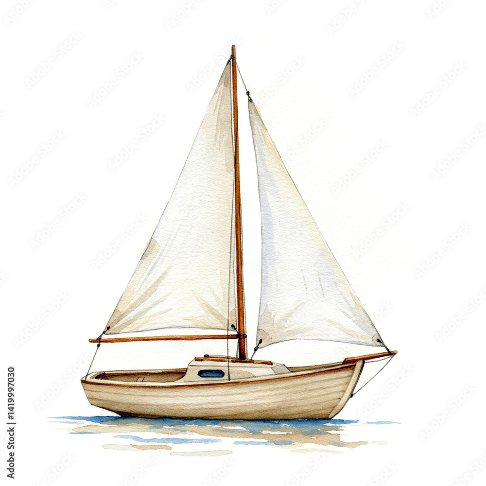 Fototapeta premium Watercolor Sailboat Illustration with Yellow Sails for Nautical Art and Coastal Decor Projects