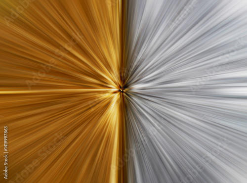 Abstract radial zoom blur background in warm golden and cool silver tones. Dynamic split composition with rays converging at the center, creating a sense of motion, energy, and symmetry. 