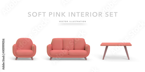 Modern Furniture Set With Soft Pink Armchair, Sofa And Coffee Table In Minimal 3d Style. Ideal For Interior Design Concepts, UI Mockups And Web Elements. High-Quality Vector Illustration.