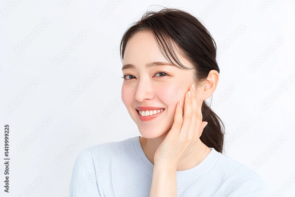 A beautiful Japanese woman in her early to mid-20s is smiling and touching the side of her face A beautiful Japanese woman in her early to mid-20s is smiling and touching the side of her face