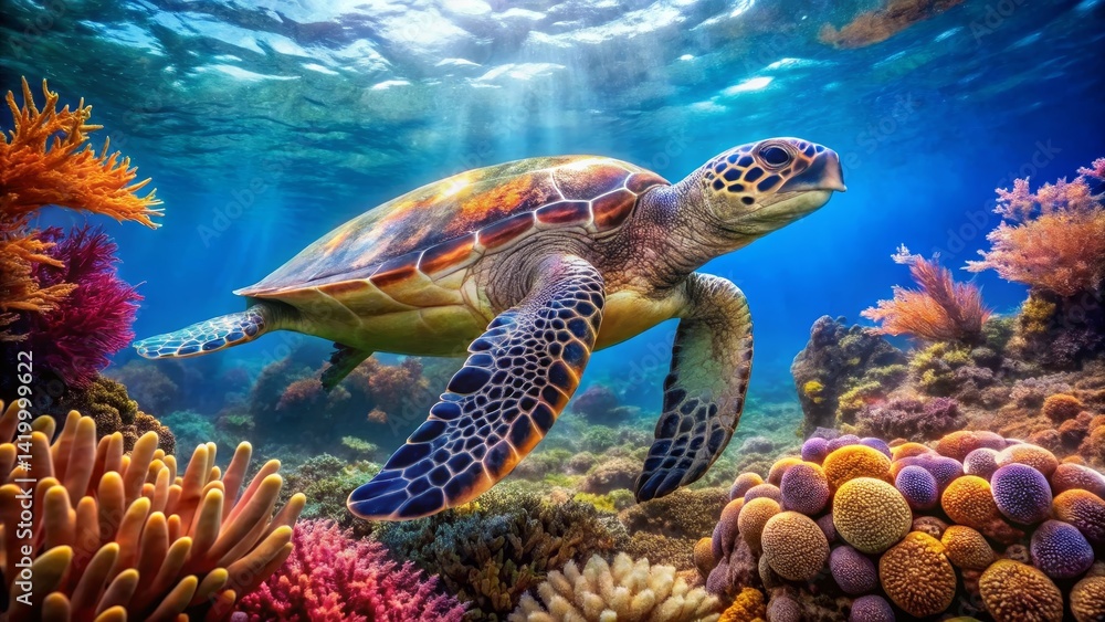 Majestic Sea Turtle Gracefully Navigating Vibrant Coral Reef Ecosystem Majestic Sea Turtle Gracefully Navigating Vibrant Coral Reef Ecosystem