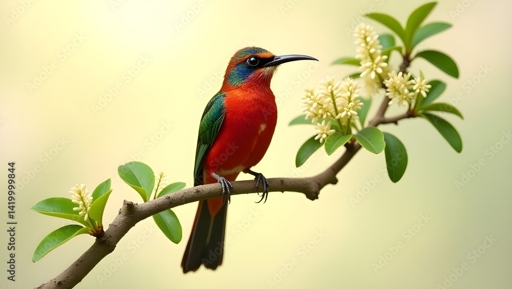 Radiant Fire-tailed Sunbird on a Blooming Branch Radiant Fire-tailed Sunbird on a Blooming Branch