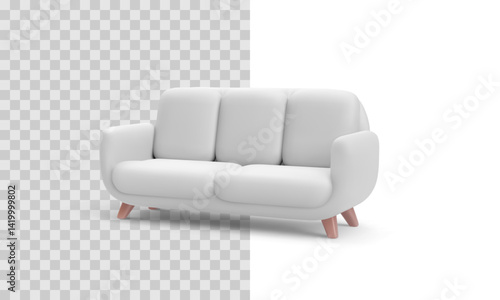 Modern White Sofa with Three Cushions and Wooden Legs, Rendered in Clean 3D Style on Transparent and White Background. Ideal for Interior Mockups and UI Design. Vector Illustration.