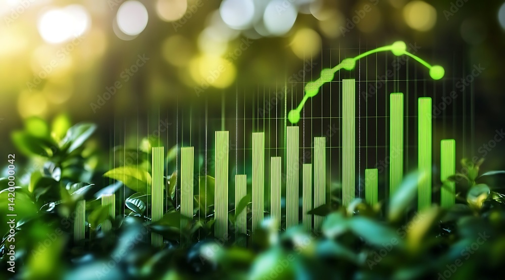 Green Growth Chart: A vibrant image depicting an upward trending bar graph superimposed over lush green foliage, symbolizing sustainable growth and environmental consciousness. Green Growth Chart: A vibrant image depicting an upward trending bar graph superimposed over lush green foliage, symbolizing sustainable growth and environmental consciousness.