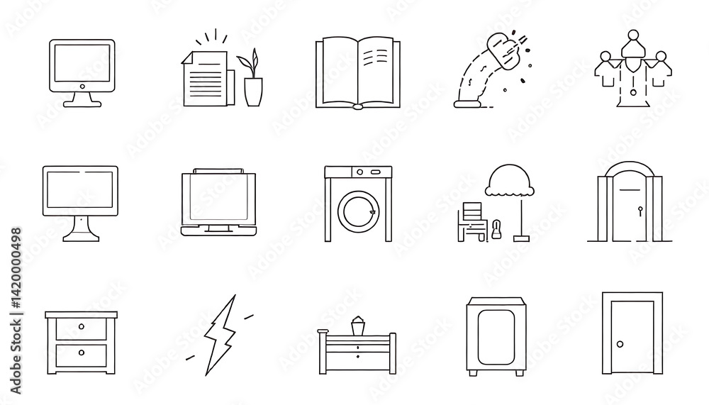 Home interior web icons set in thin line design. Pack of desktop, book, stationery, chandelier, lamp, shower, laundry, door, dresser, electricity, other outline stroke pictograms. Illustration.
Home interior web icons set in thin line design. Pack of desktop, book, stationery, chandelier, lamp, shower, laundry, door, dresser, electricity, other outline stroke pictograms. Illustration.