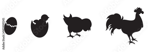 hen or chicken, rooster and chicks silhouette set. hen, rooster and chicks isolated farm animal silhouette icon vector collection