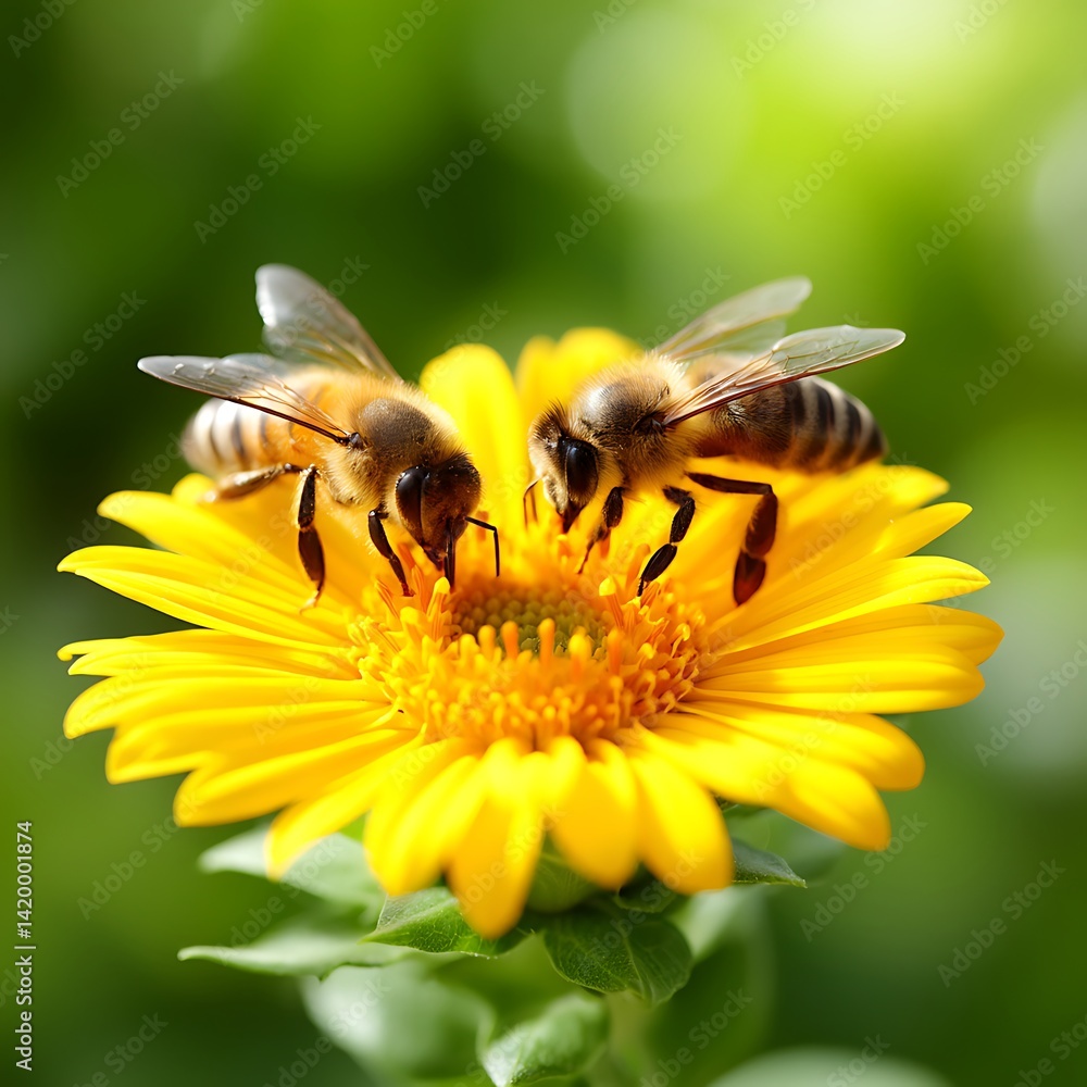 Bees on a Yellow Flower Blossom Extracting Nectar Pollen Collection Two Insects Close Up Bright Petals. Bees on a Yellow Flower Blossom Extracting Nectar Pollen Collection Two Insects Close Up Bright Petals.