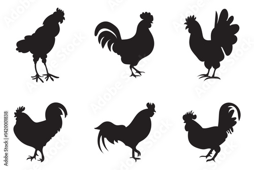 hen or chicken, rooster and chicks silhouette set. hen, rooster and chicks isolated farm animal silhouette icon vector collection