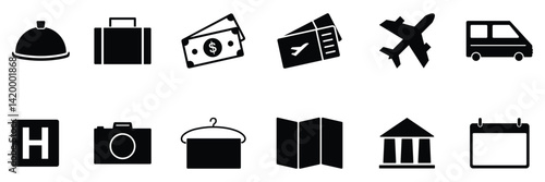 Minimal Travel Icon Set in Black and White – Line and Solid Style Symbols