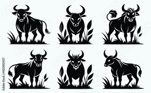 Bull Silhouette Vector Set – Black Animal Silhouettes on White Background – Vector Illustration