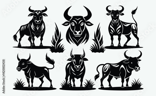 Bull Silhouette Vector Set – Black Animal Silhouettes on White Background – Vector Illustration